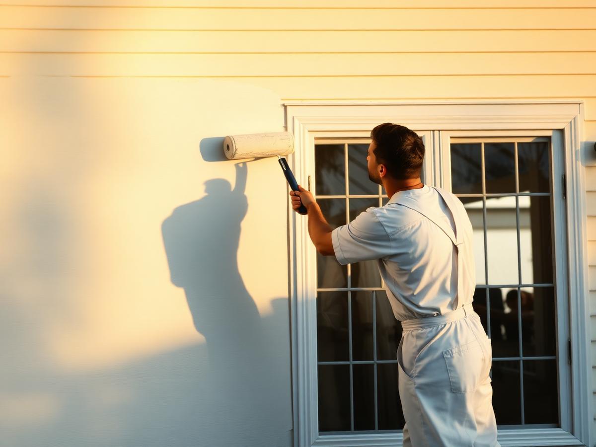 Painter finishing an exterior wall at golden hour