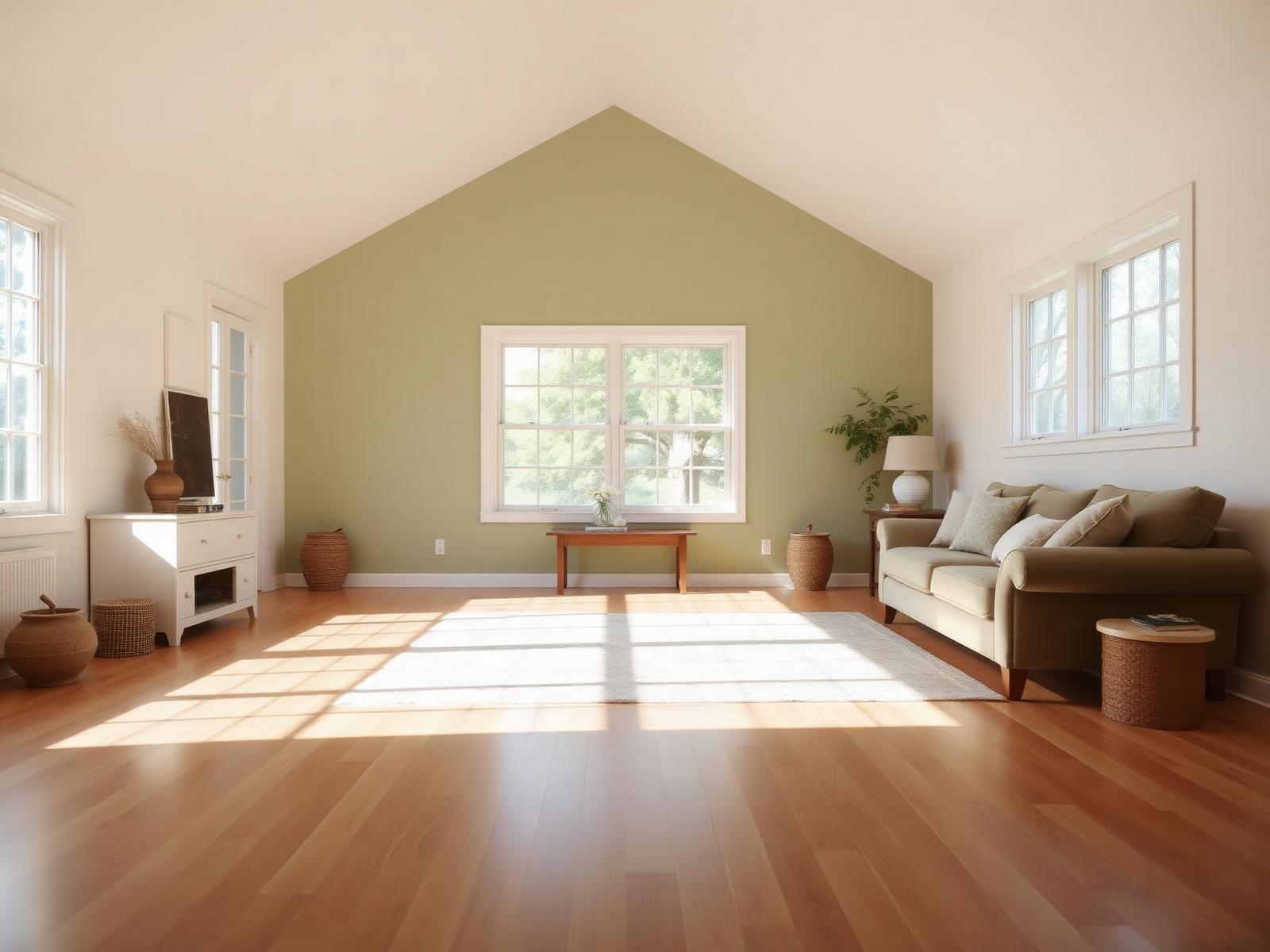 Freshly painted farmhouse living room with sage accent wall